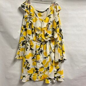 Boohoo Off the Shoulder Lemon Print Dress with Ruffles